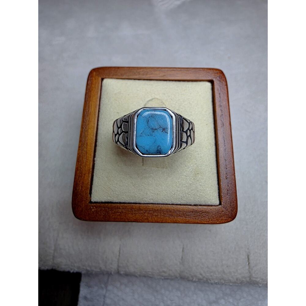 S10 Natural Turquoise Signet Engraved Ring 925 Sterling Silver - Picture 3 of 9